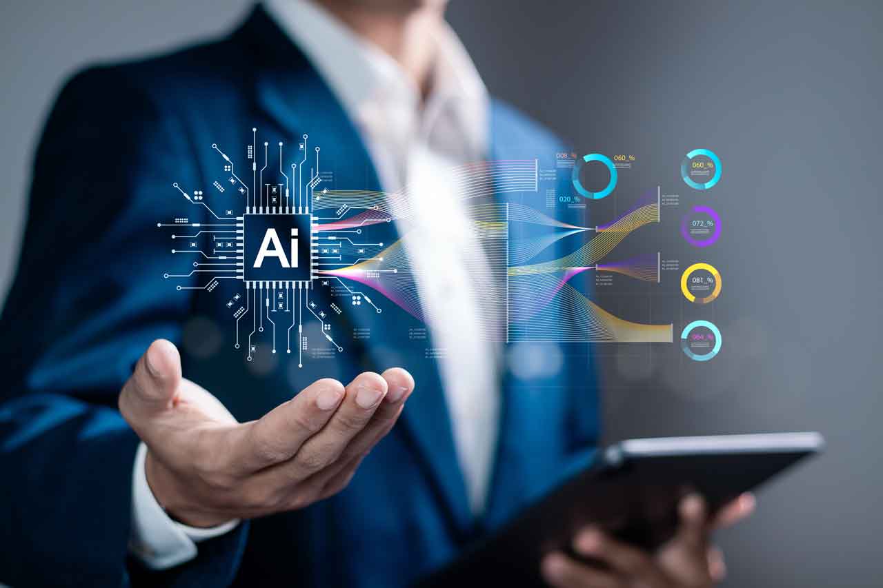 Data processing by AI, big data technology and data science. Businessman with artificial intelligence AI circuit board for analyze data automated chart graph.