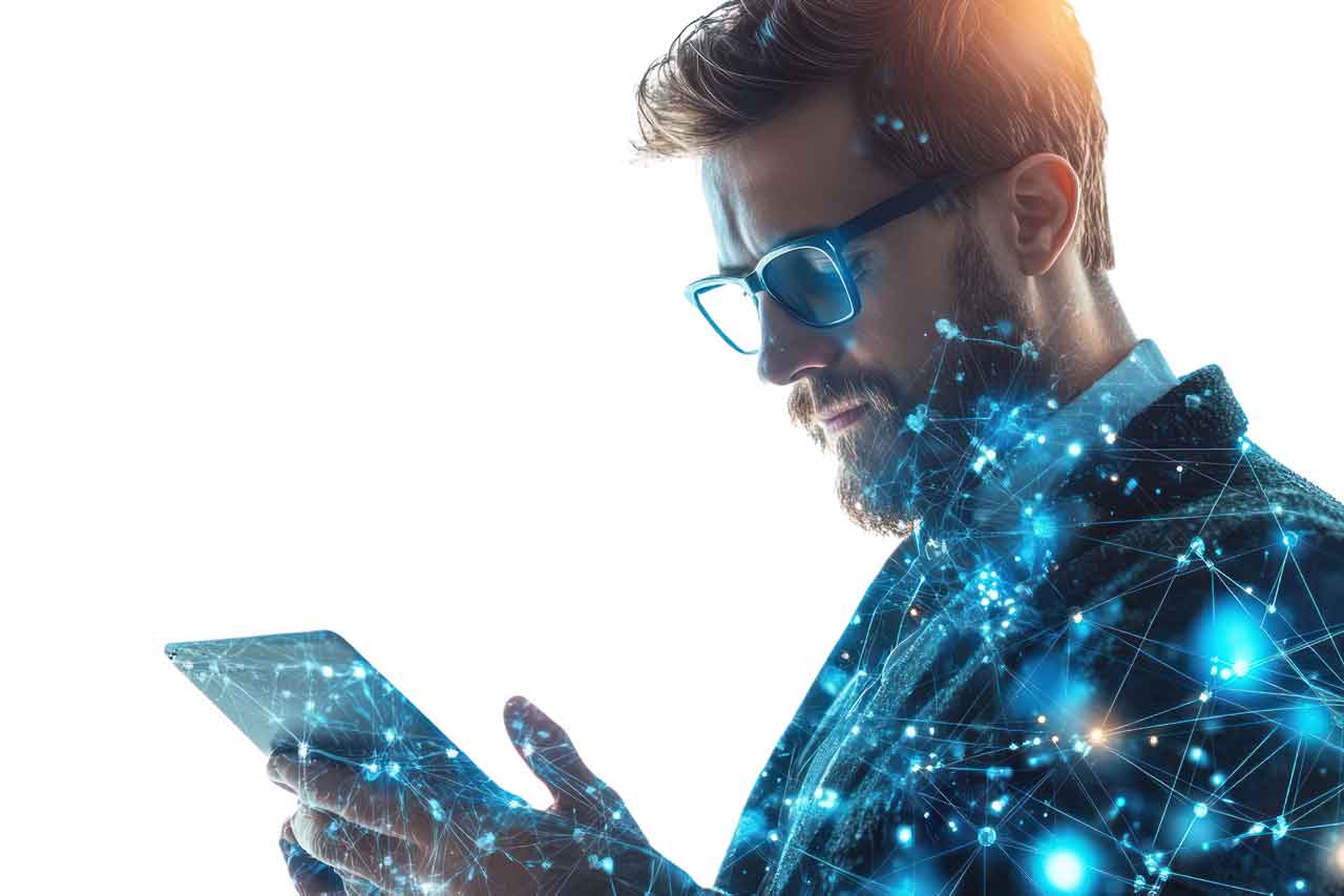 Connected Vision: A modern businessman in a suit and glasses uses a tablet, a digital network overlaying his form, symbolizing the interconnectedness of technology, data.
